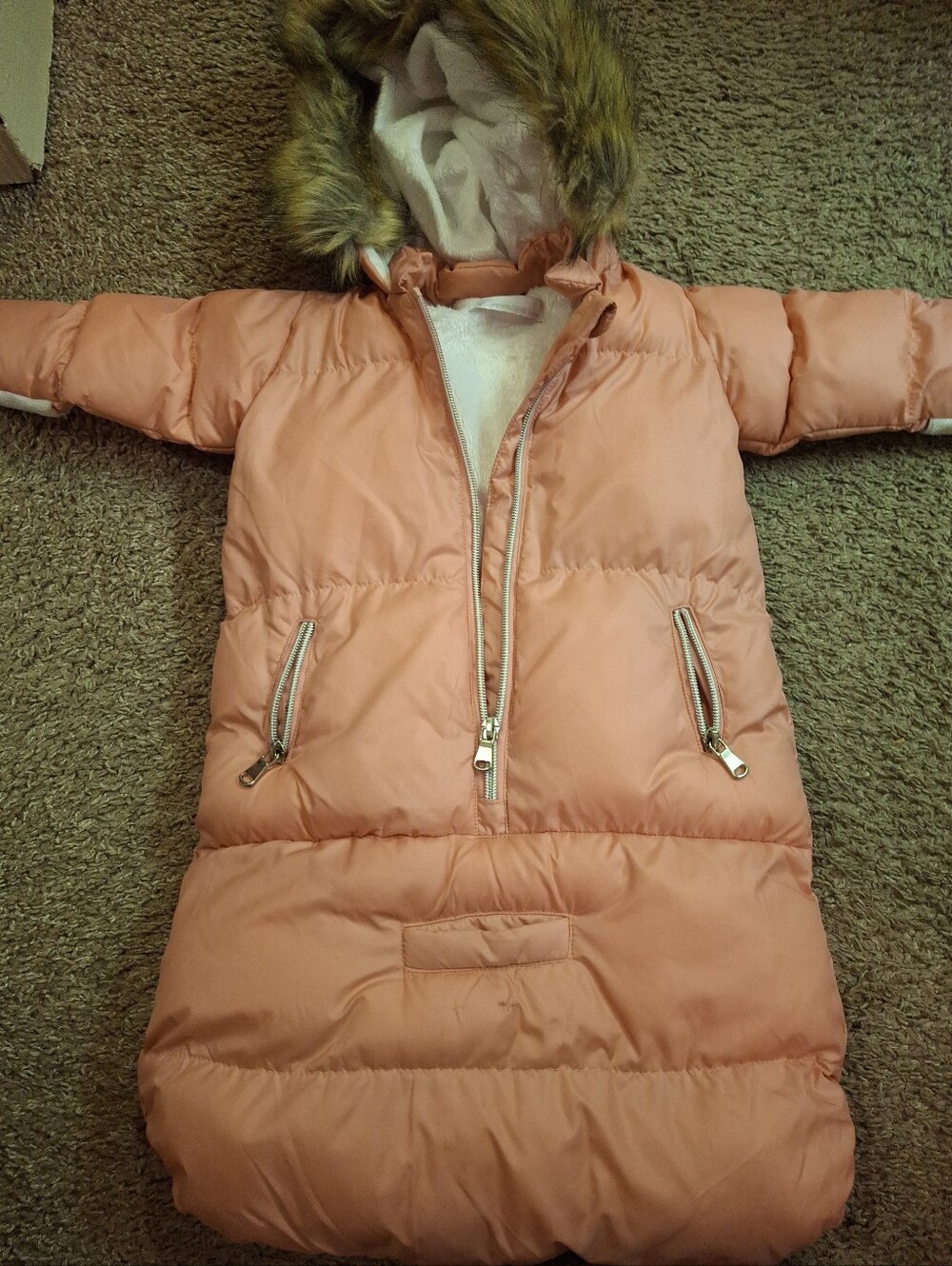 Cute Babygirl Pink/Peach Puffer Snowsuit Bunting Bag With Faux-Fur Hoodie